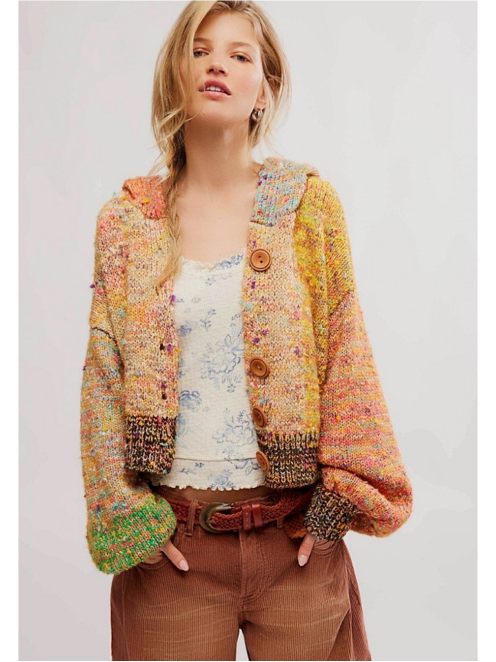 Free People Vibe Check Hooded Cardigan Sweater Multicolor Small